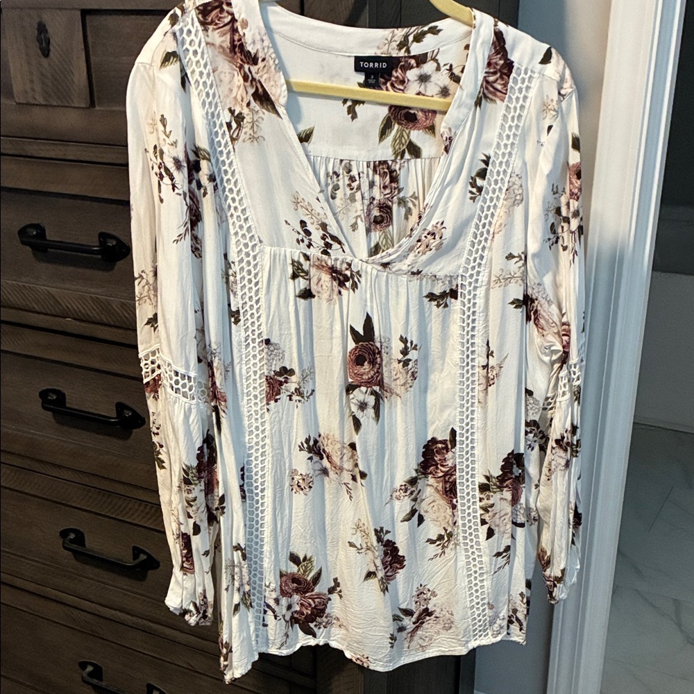 torrid ivory floral crochet-trim boho peasant top